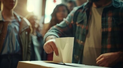 Fototapeta premium A close-up shot of a voters hand placing a ballot into a ballot box during an election
