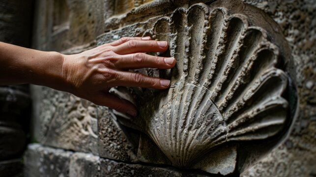 A close-up photo of a pilgrims hand gently touching a scallop shell milestone, a symbol of the Camino de Santiago pilgrimage route