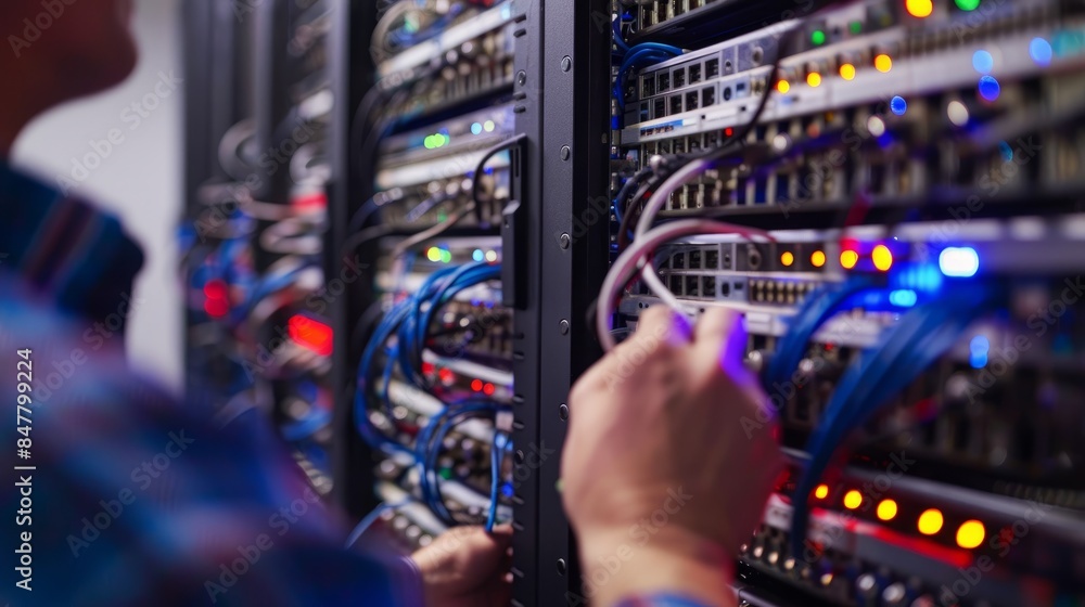 Poster a technician is shown in a close-up image, working on server racks in a well-lit data center. the ph