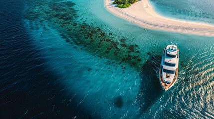 Aerial view of luxury yacht anchored near tropical island