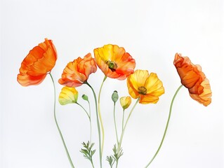 Obraz premium Watercolor sketch of orange and yellow poppies on white background.
