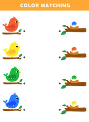 Color matching game for preschool kids. Color Matching Activities for Toddlers. Fun Puzzle with a Cute Cartoon Bird. Color matching worksheet for children.	