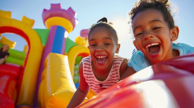 Two young children laugh with glee as they bounce on a colorful inflatable castle at a summer carnival
