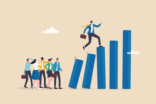 Taking initiative to win business competition, determination or entrepreneurship to overcome difficulty and success, courage or challenge concept, businessman taking initiative to climb growth graph.