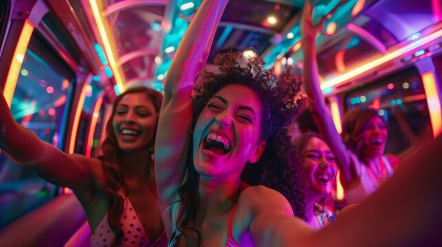 A group of young women celebrate a bachelorette party on a brightly lit party bus, dancing and laughing together