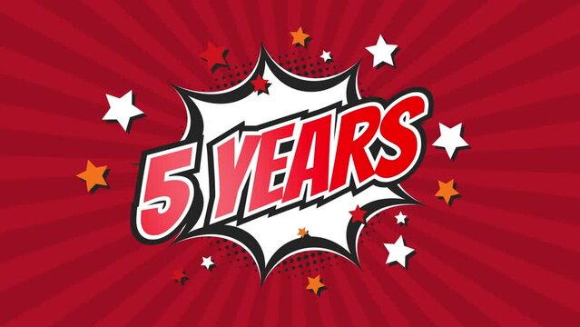 5th fifth anniversary - 5 five years birthday. Animated text on pop colorful background with rotating rays.