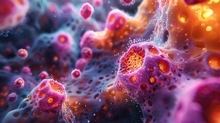 A vibrant 3D scene where cells of various shapes and colors pulsate in rhythm, resembling a microscopic symphony.