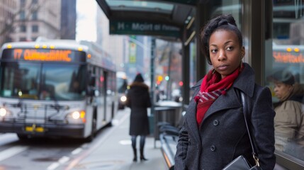 A woman in a black coat and red scarf waits for a bus at a city bus stop, her expression serious