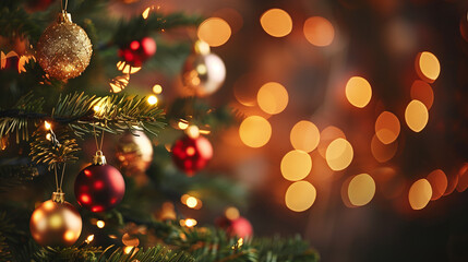 Festive Christmas tree adorned with baubles and surrounded by blurred shiny lights, capturing the holiday spirit and warmth.