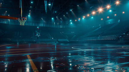 Fototapeta premium Empty basketball arena with dramatic lighting, view from free throw line facing the goal, highlighting the perfect setting for a slam dunk or jump shot.