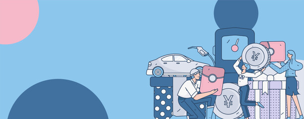Vector Internet operation hand-drawn illustration of people getting discounts for refueling their cars
