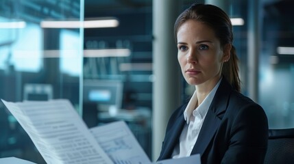 A female data protection officer inspects documents in a corporate office setting
