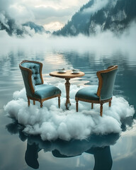 Surreal Floating Café Seating on Clouds With Mountain Background