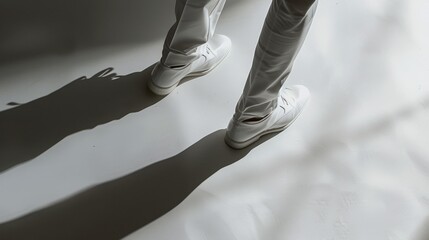 Person in white pants and shoes stands on studio floor in low-angle shot, emphasizing footwears simplicity and cleanliness