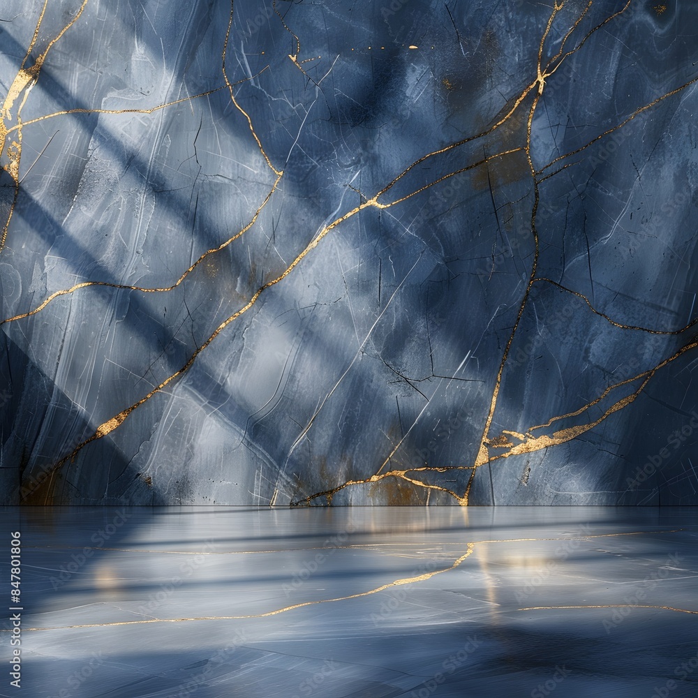Poster an abstract blue marble background with golden veins, creating a luxurious and elegant atmosphere fo