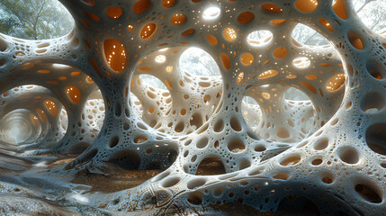 A complex 3D network of organic, tube-like structures resembling intertwined plant roots, with a focus on light and shadow interplay.