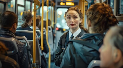 A female ticket checker stands in the aisle of a crowded bus, inspecting tickets from passengers