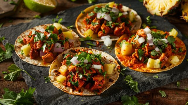 Close-up of four delicious tacos al pastor, each filled with savory marinated pork, juicy pineapple chunks, fresh cilantro, and red onion, all resting on a dark slate serving platter