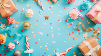 Abstract festive background with glitter, confetti, ribbons and free place for text. New Year, Christmas, birthday, holiday celebration banner