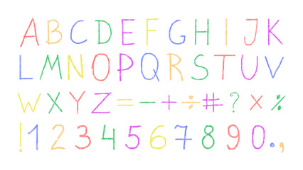 Hand drawn colored crayons alphabet and numbers. Vector illustration