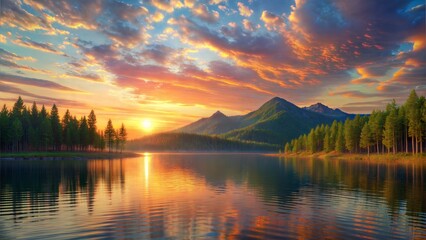 Beautiful sunset in lake with hills and pine trees