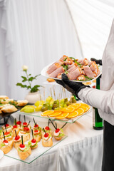Waiter serving appetizers at a catered event, highlighting hospitality and culinary presentation in a bright setting