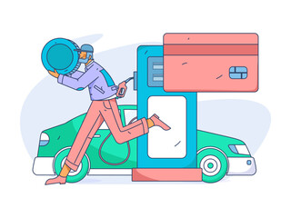 Vector Internet operation hand-drawn illustration of people getting discounts for refueling their cars
