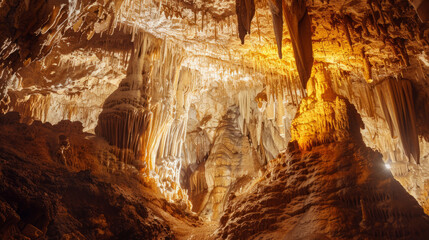 Stunning view of illuminated stalactites and stalagmites in a cave