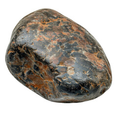 Close-up of a polished river stone with a mix of black, brown, and orange colors. Smooth texture, perfect for decoration or landscaping.