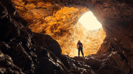 Adventurous person exploring a cave with sunlight shining through