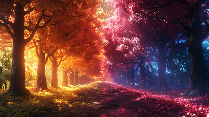 A vibrant 3D scene where a lush canopy of leaves explodes in a spectrum of colors, creating a mesmerizing spectacle.