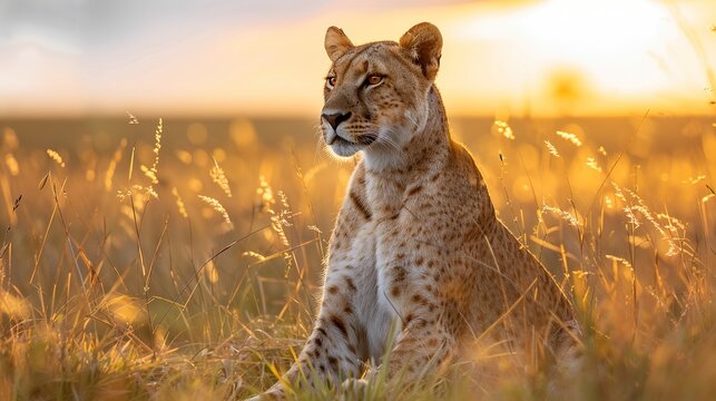 Majestic cheetah sitting in the golden savannah during sunset - Powered by Adobe