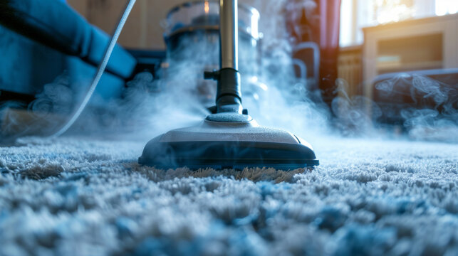 Close-up of steam vapor cleaner on a carpet in a living room