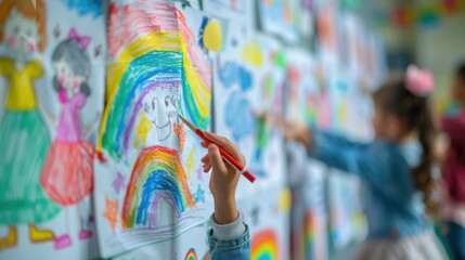 A girl is drawing a rainbow on a wall at school