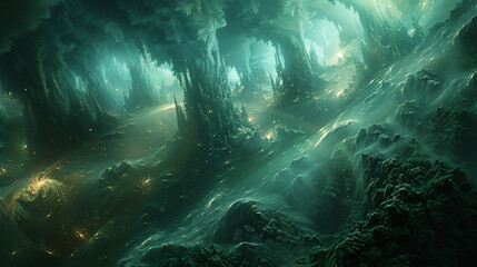 Towering, bioluminescent plants emerge from a swirling mist in a 3D dreamscape, resembling a mystical cloud forest.
