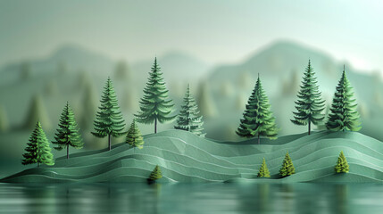 Obraz premium A minimalist 3D landscape where geometric shapes represent a stylized forest, with a focus on clean lines and patterns.
