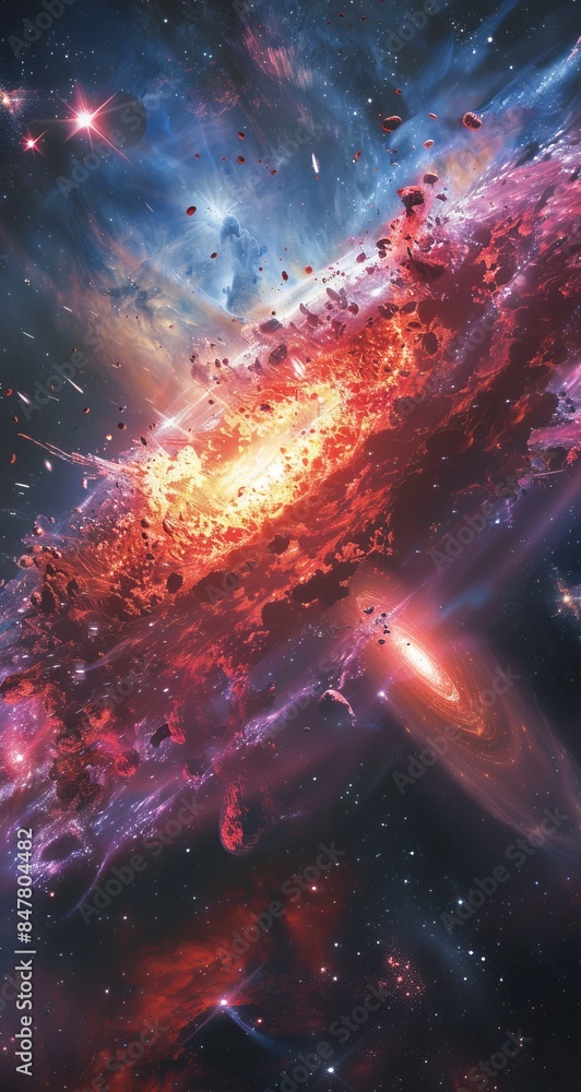 Poster intense cosmic scene with fiery explosion in outer space and distant galaxies