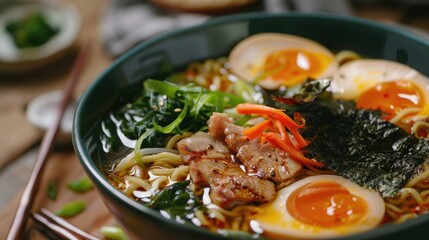 Pork ramen with seaweed and veggies in a clear broth - Powered by Adobe