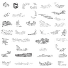 Set of black and white hand drawn wave elements vector. Natural art background with Chinese ocean sea icon and symbol in vintage style