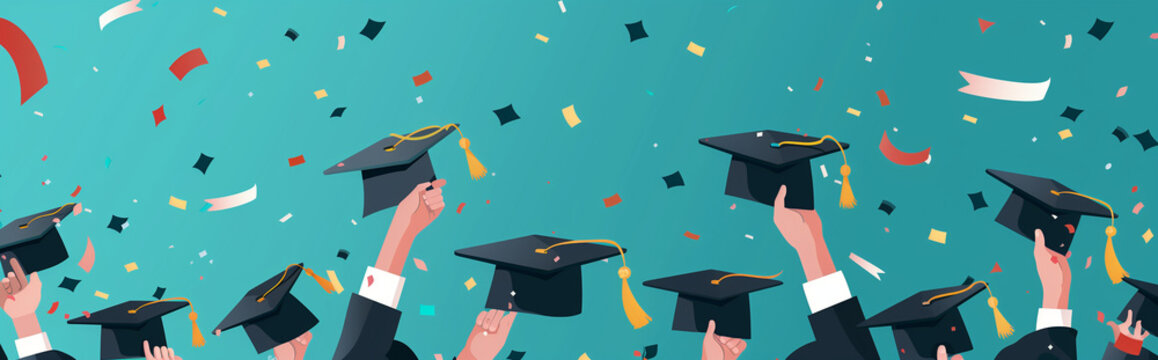 Group of happy, multiethnic high school, college, or university students having fun on graduation day, raising their graduate hats up to a clear blue sky. Copy space banner background. - Powered by Adobe