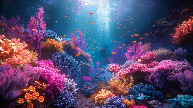 A Glowing, bioluminescent plants thrive underwater in a 3D scene, creating an otherworldly coral reef ecosystem.