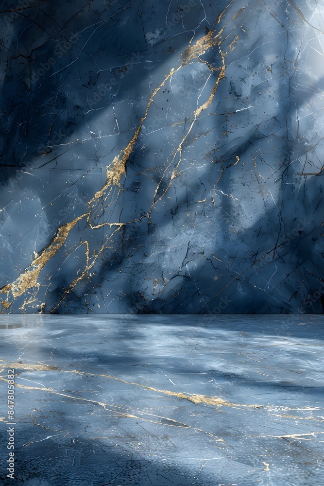 Poster an abstract blue marble background with golden veins, creating a luxurious and elegant atmosphere fo