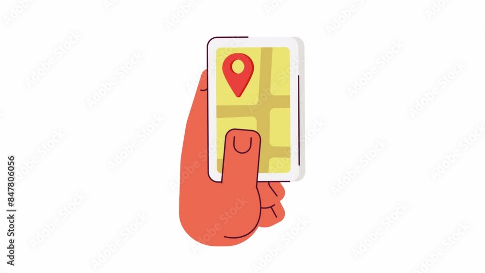 Poster opening map app on smartphone line 2d character hand animation. navigation service flat color cartoo