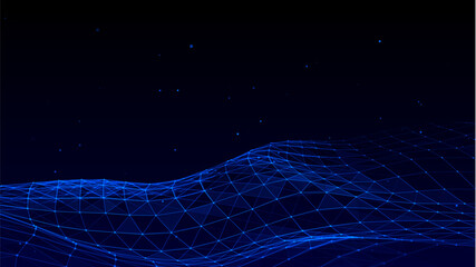 Vector blue wave with motion dots and lines. Abstract digital background. Concept connection big data. Futuristic technology backdrop.