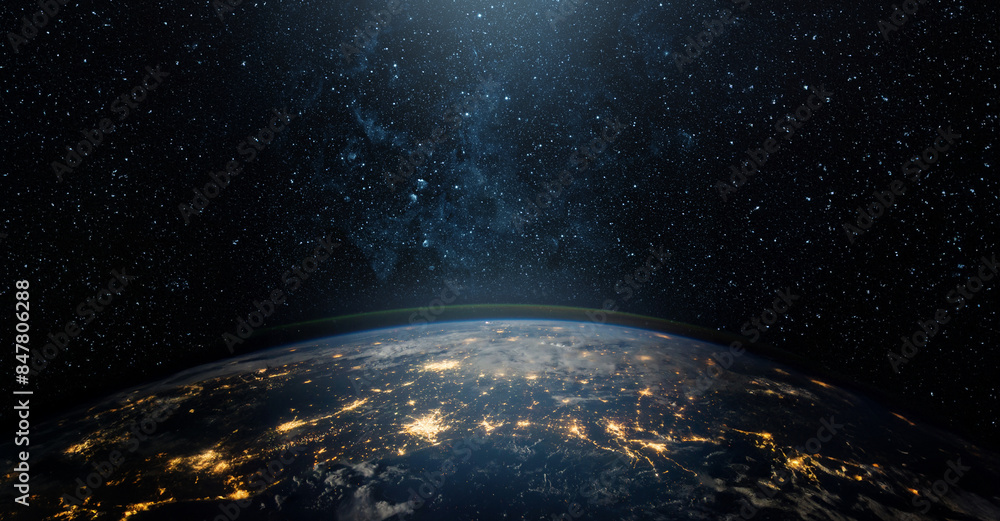 Wall mural view of the earth, star and galaxy. sunrise over planet earth, view from space. concept on the theme