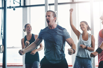 Fitness, man and scream to celebrate success in exercise class, workout and training goals. Sports,...