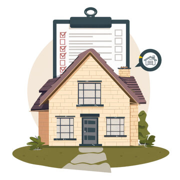 recommend clip art: Illustration of a house with a checklist on clipboard, representing tasks or inspections related to home maintenance or real estate.