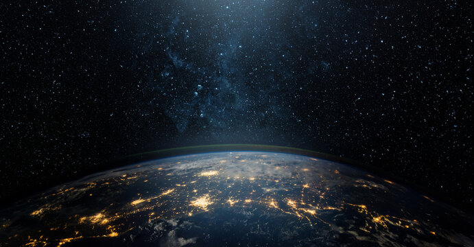  View of the Earth, star and galaxy. Sunrise over planet Earth, view from space. Concept on the theme of ecology, environment, Earth Day. Elements of this image furnished by NASA.