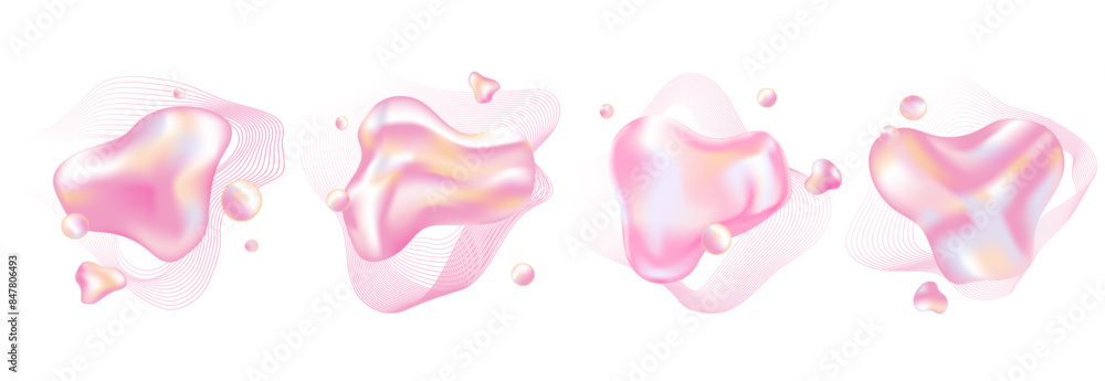 Poster liquid glossy holographic 3d abstract shapes set of design elements, frames for text, emblems. fluid