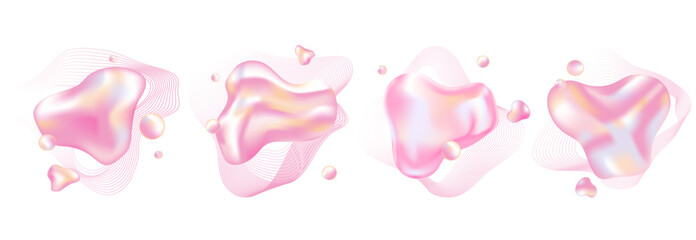 liquid glossy holographic 3d abstract shapes set of design elements, frames for text, emblems. Fluid shape bubbles with pink delicate tints.Abstract liquid splash vector illustration